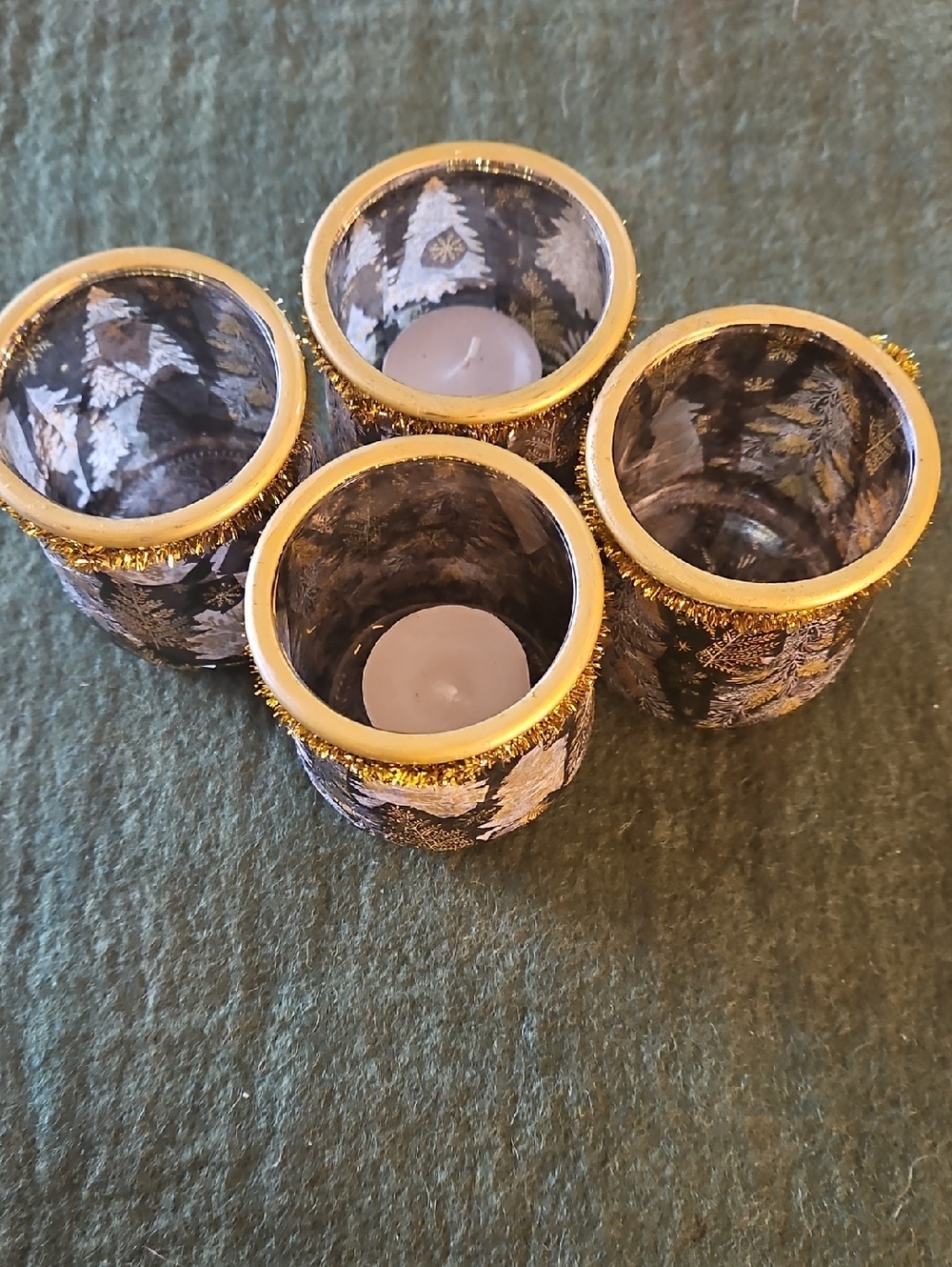 Festive Black & Gold Pine Tree Decopaged Jars/Votive Holders w/Candles. Qty 4 - Picture 5 of 7